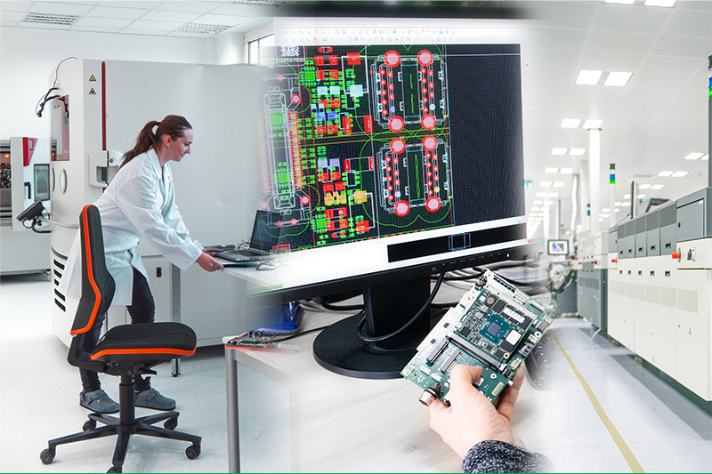Engineer working on embedded board design and testing in Tria's manufacturing lab