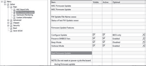 MSC firmware update BIOS interface showing update configuration options, now maintained by TRIA Technologies
