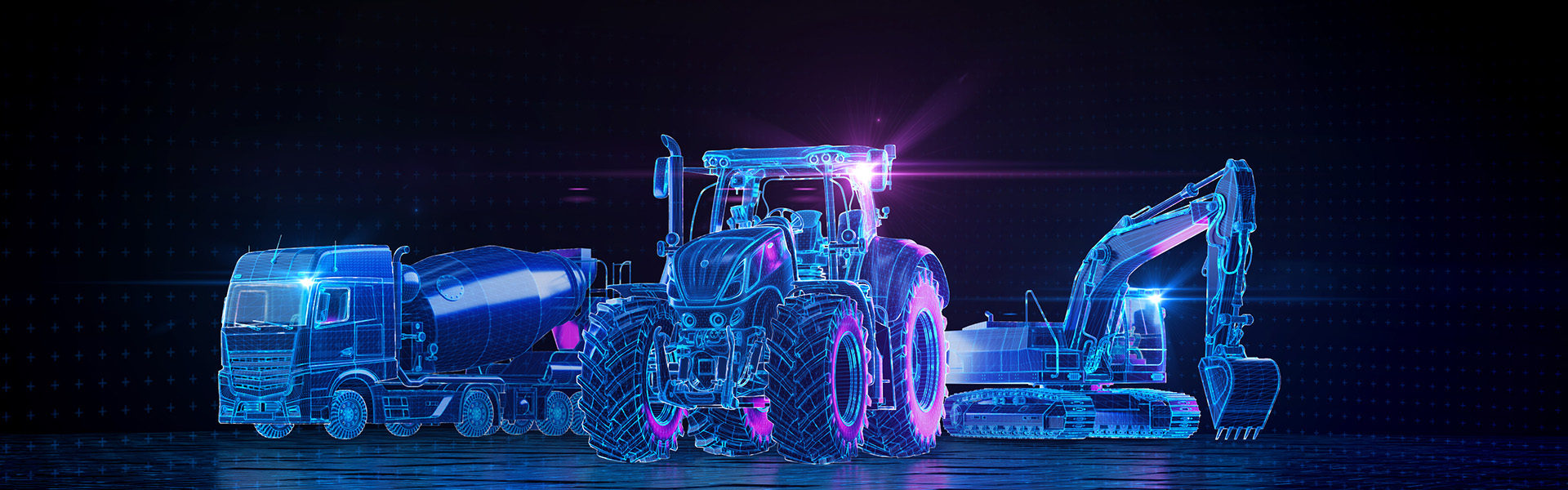Digital render of commercial and agricultural vehicles: truck, tractor, excavator on dark tech background
