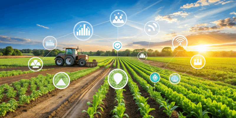 AI-powered smart farming system with tractor and connected agricultural sensors