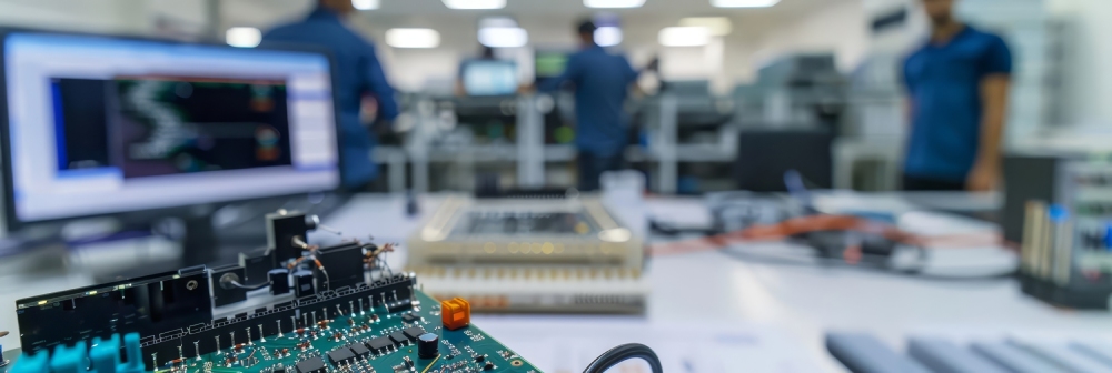 Embedded prototyping setup with a circuit board in the foreground and engineers working in a laboratory environment