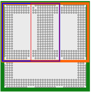 Pin grid diagram with color‑coded outlines indicating different OSM module sizes.