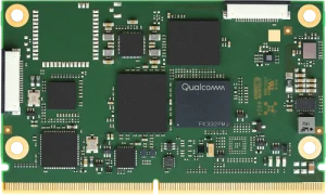 High‑density embedded compute module based on Qualcomm architecture, photographed top‑down to show component layout and board design.