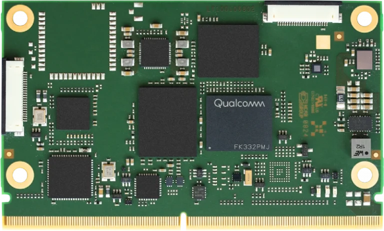 High‑density embedded compute module based on Qualcomm architecture, photographed top‑down to show component layout and board design.