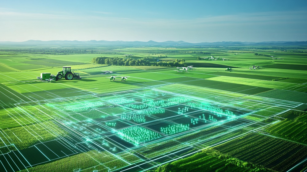 AI‑enabled field monitoring with sensor data visualization in front of agricultural machinery