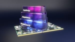 3D conceptual illustration of the SimpleSwitch software stack showing SimpleCore IO, SimpleSwitch, and RapidDesign layers on an embedded module