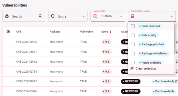 User interface showing vulnerability scan results with CVE list, severity scores, package details, and automated review status options.
