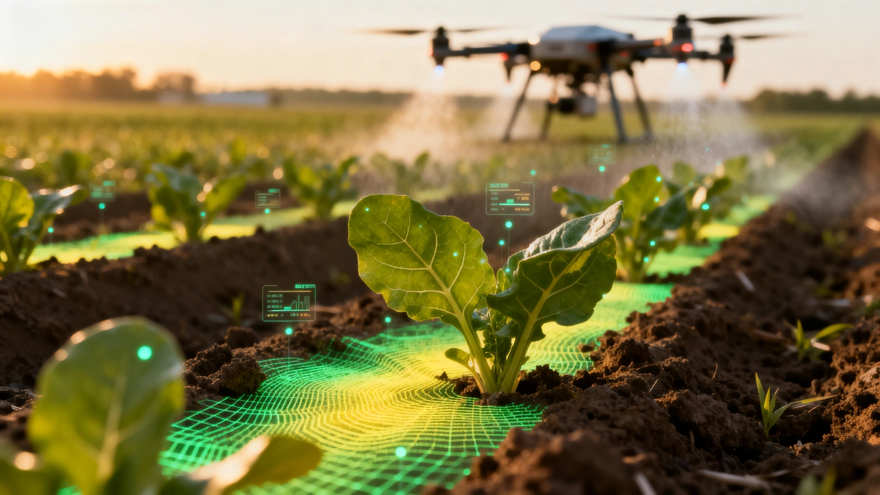 Drone monitoring crop health with Edge AI technology and real-time field analytics in a precision agriculture application.