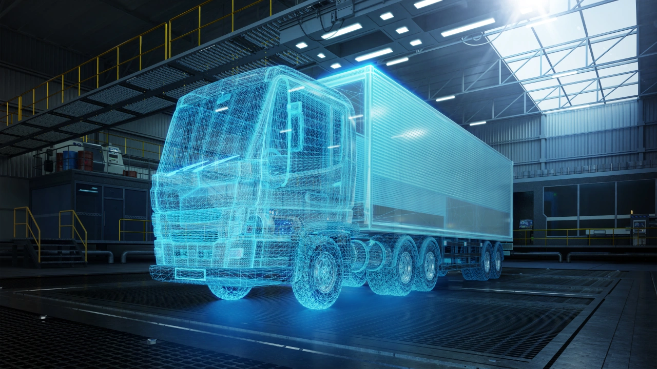 Digital illustration of a commercial vehicle platform representing embedded operating systems and connected vehicle technology.