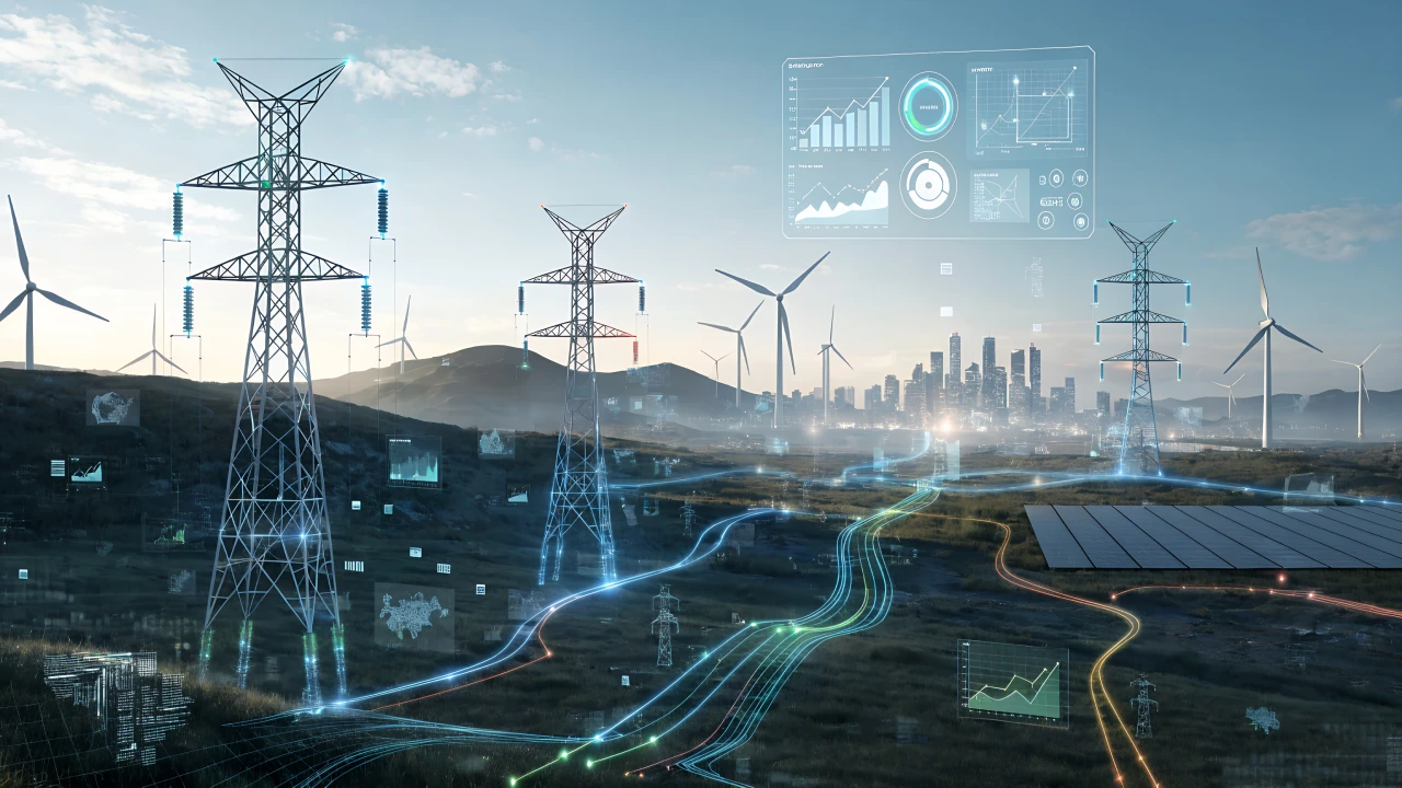 Off-grid edge computing infrastructure powered by solar energy, wind turbines and battery storage with real-time energy monitoring.