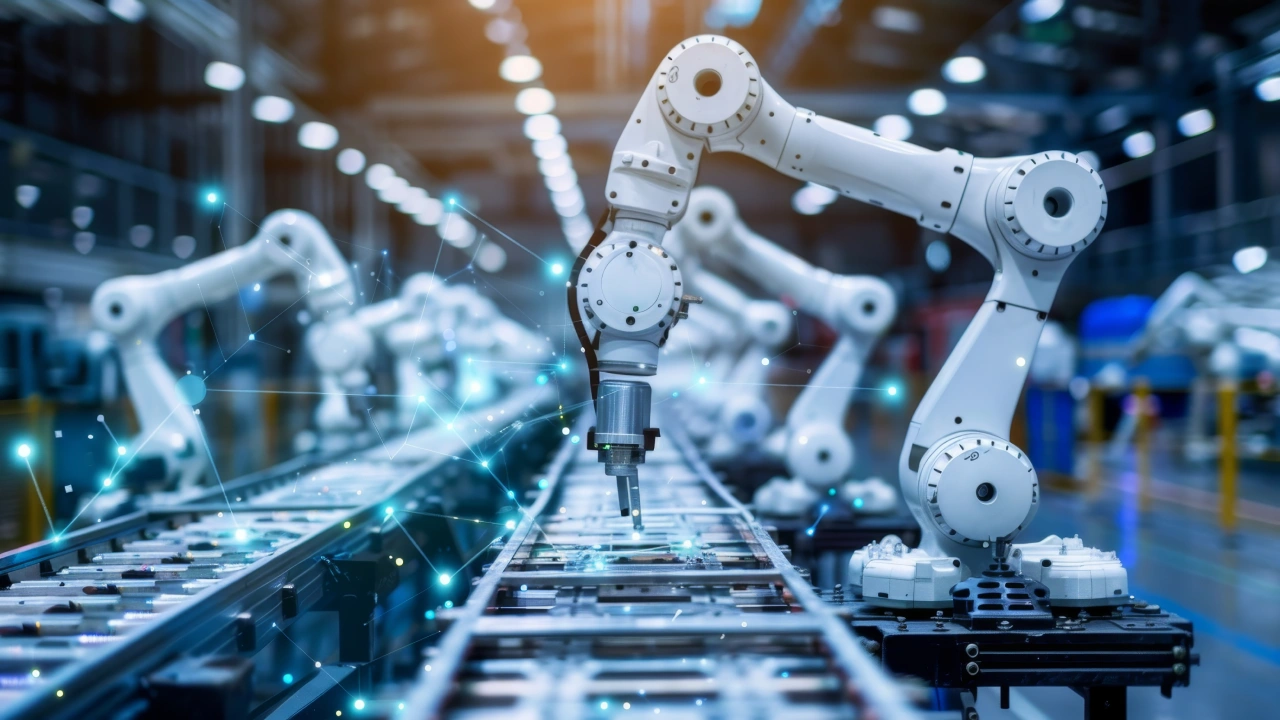 Industrial robotic arms operating on an automated production line powered by embedded operating systems and real-time control software.