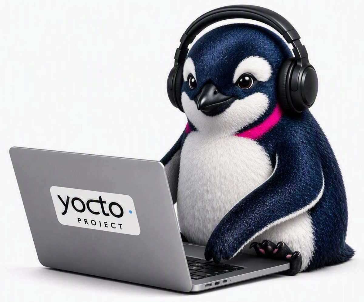 Penguin wearing headphones using a laptop with Yocto Project branding